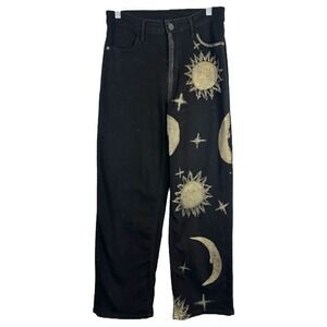 Time Tru Sz 4 Jeans Black Straight Hand Painted Gold Lunar Sun Witch Grunge 1602
